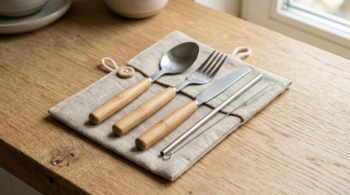 Set de couverts réutilisables en inox et bambou avec pochette en lin