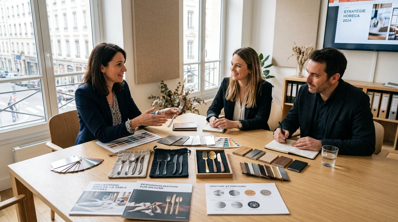 Conseillère présentant des couverts personnalisables à des clients professionnels