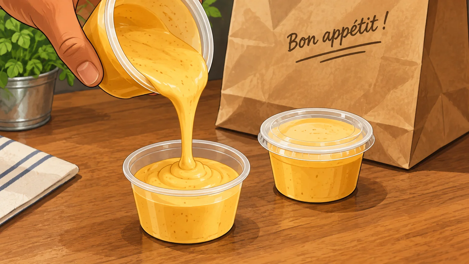 Sauce versée dans un pot individuel pour une commande à emporter