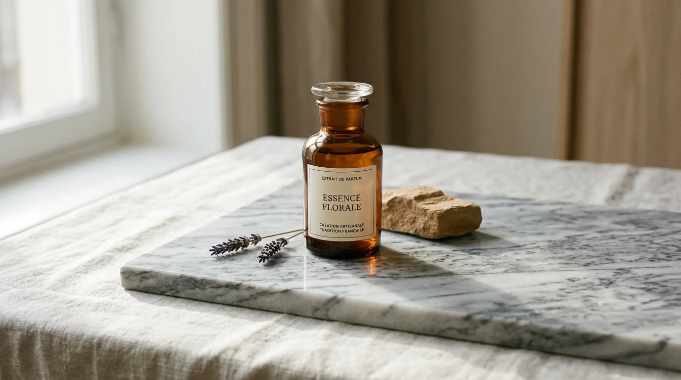 Flacon d'extrait de parfum posé sur un plan de marbre en lumière naturelle
