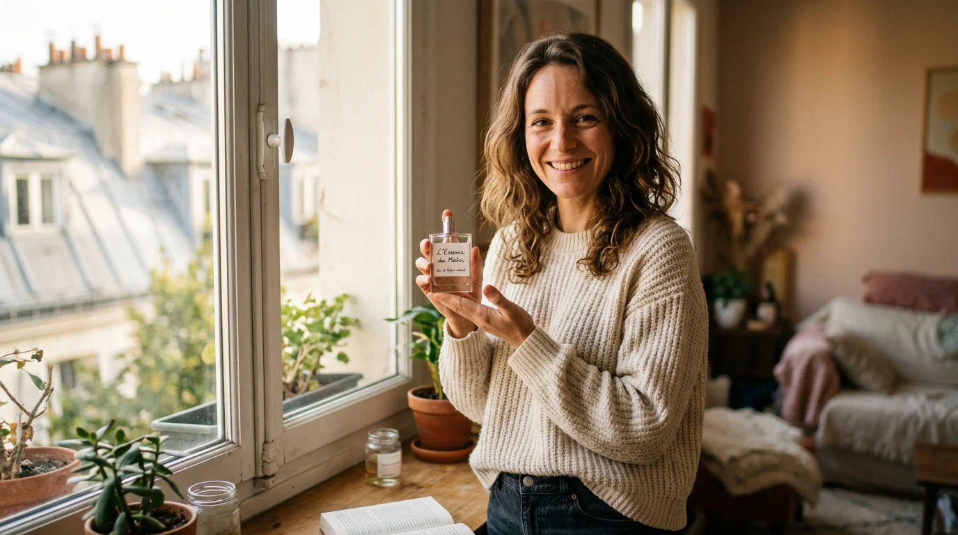 Femme découvrant un parfum chez elle près d'une fenêtre
