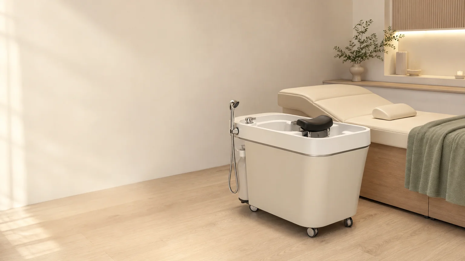 Machine Head Spa professionnelle avec bac mobile et table de soin dans un espace bien-être sobre