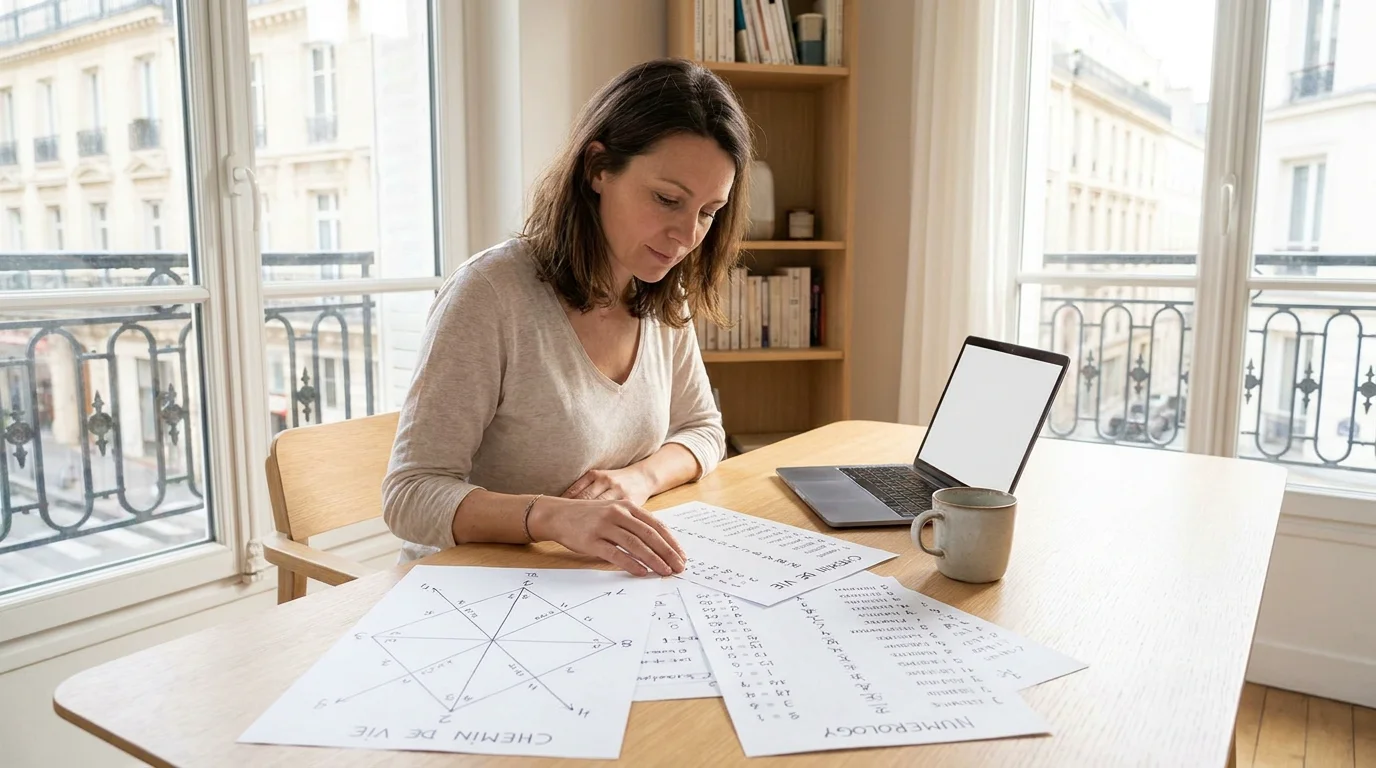 Femme européenne étudiant des thèmes numérologiques à son bureau lors d'une formation en numérologie