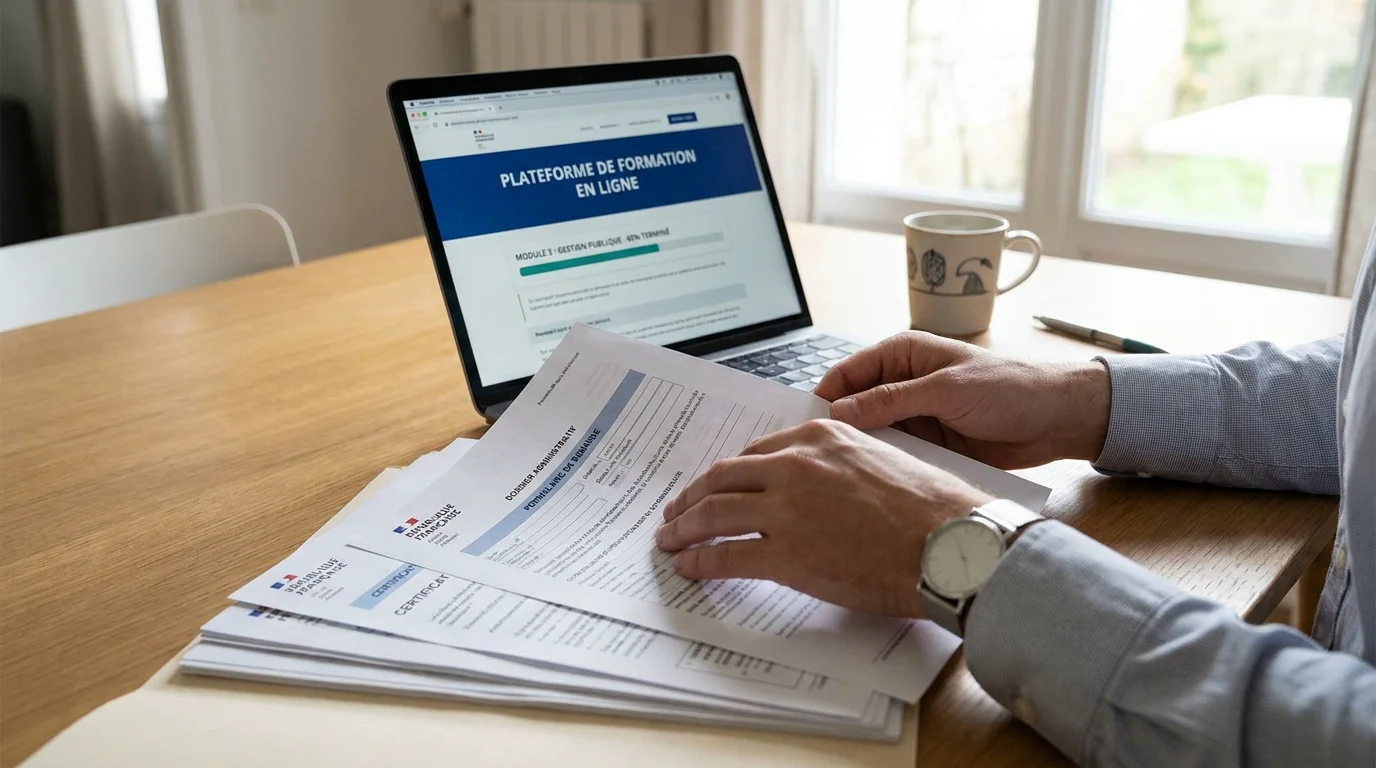 Mains d'un professionnel européen consultant des documents administratifs français et une plateforme de formation en ligne