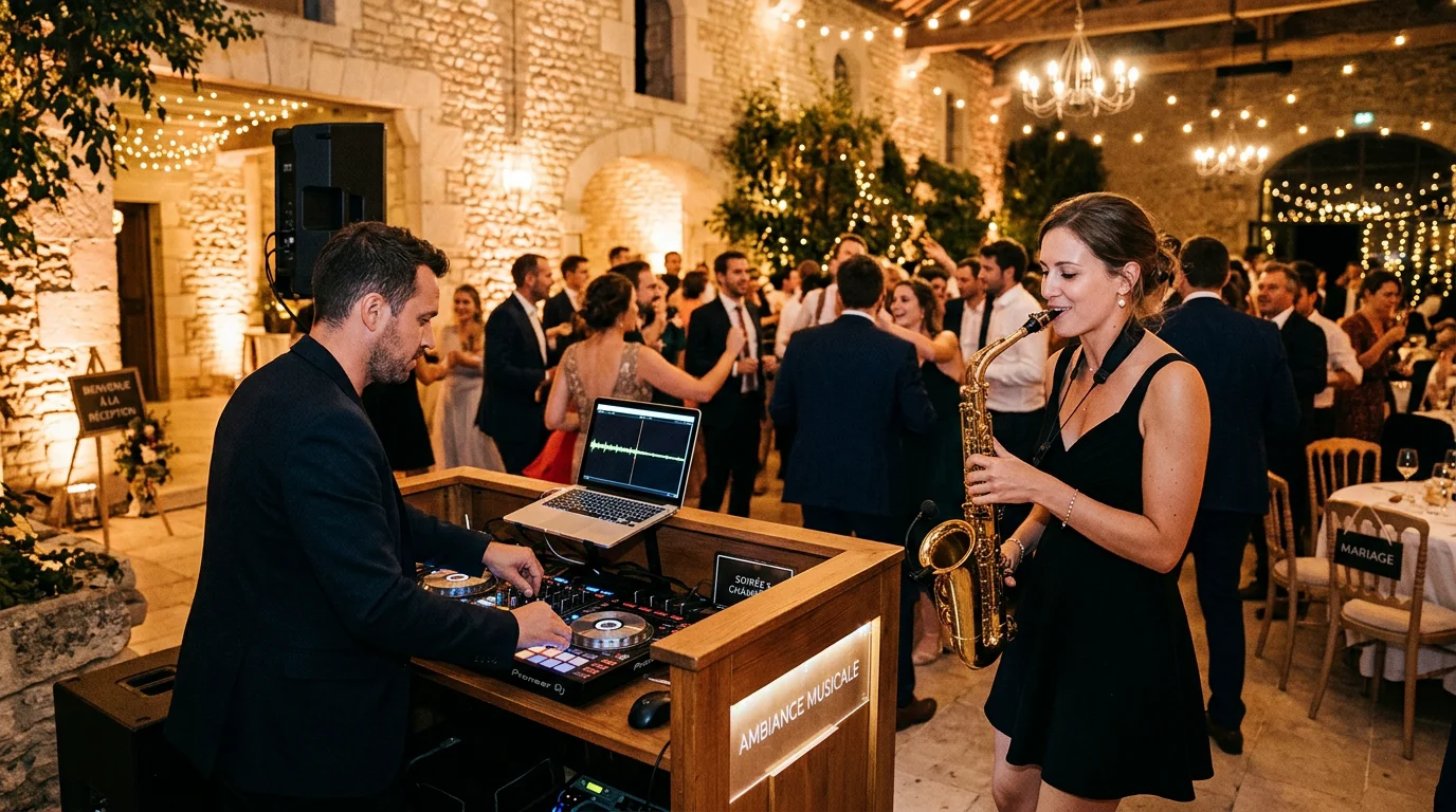 Saxophoniste et DJ animant une soirée dansante élégante en Île-de-France