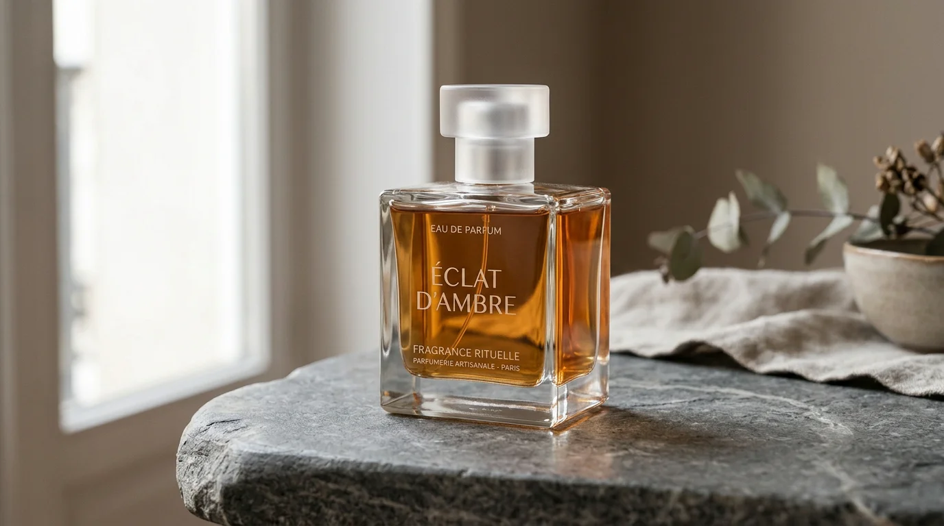 Flacon d'extrait de parfum homme posé sur une surface en pierre
