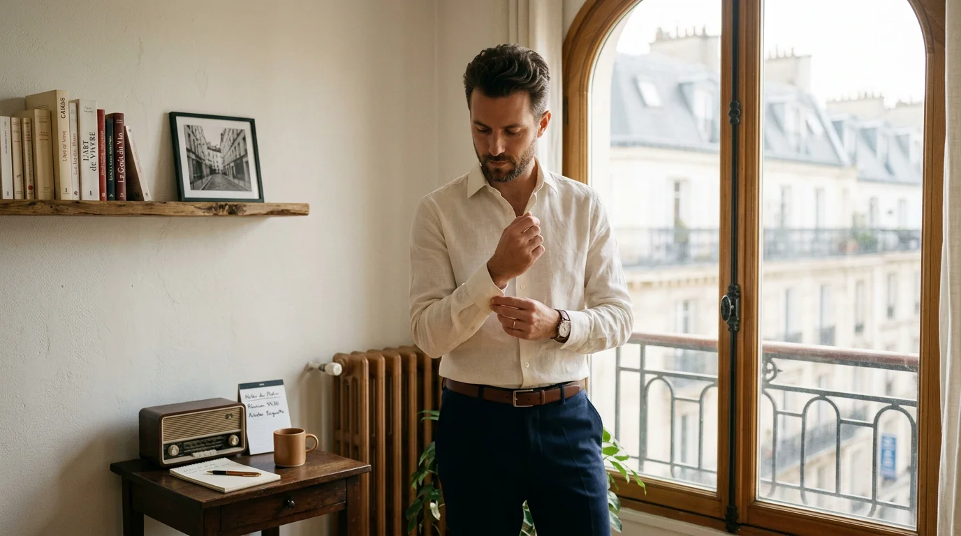 Homme élégant se préparant le matin dans une lumière douce