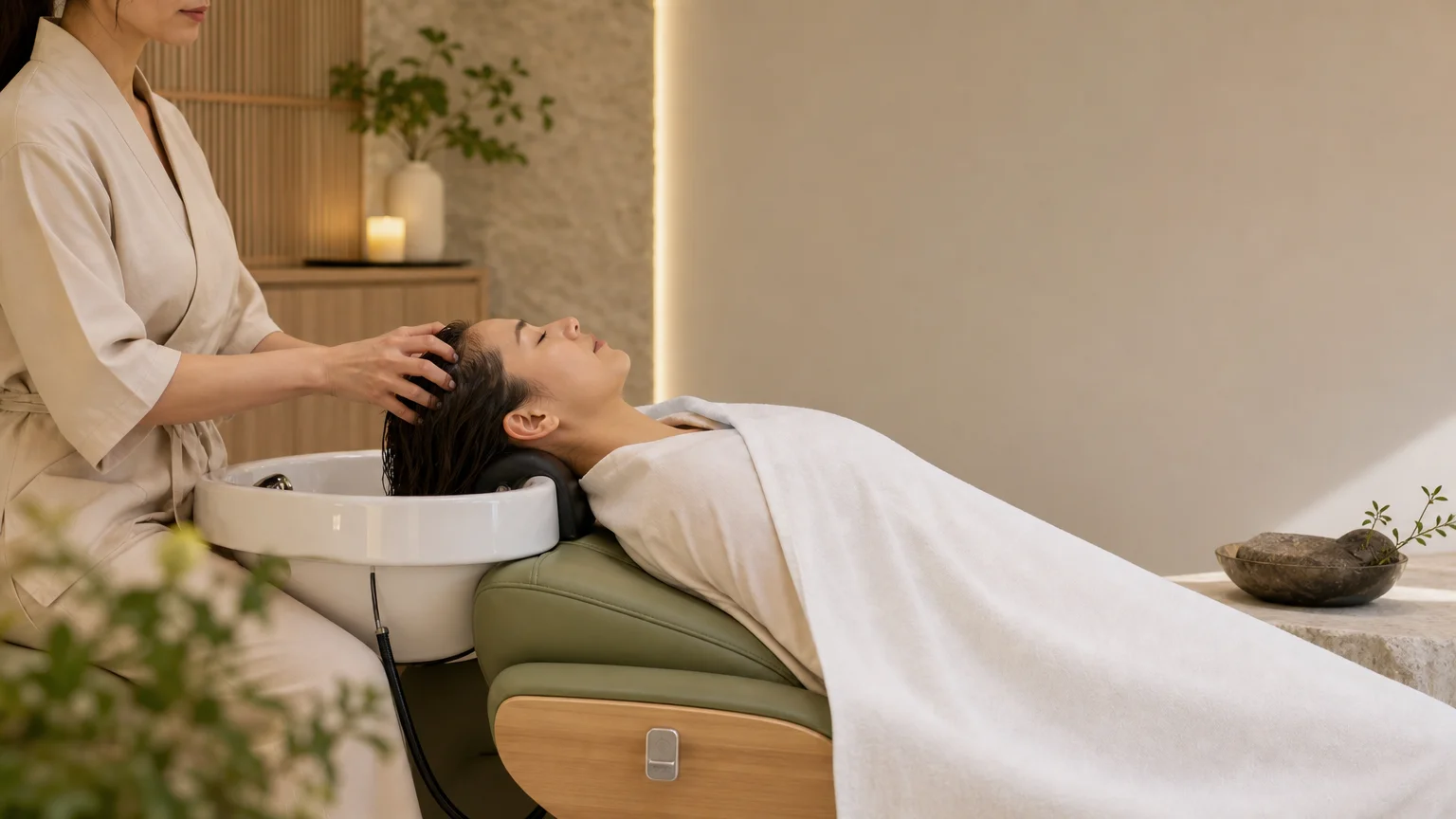 Rituel de Head Spa japonais dans un espace de soin apaisant