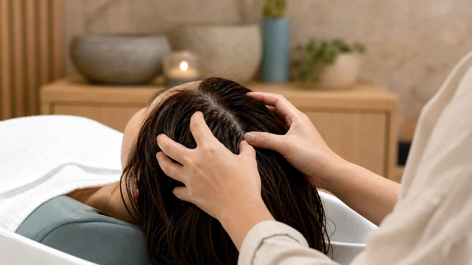 Massage manuel du cuir chevelu pendant une séance de Head Spa japonais