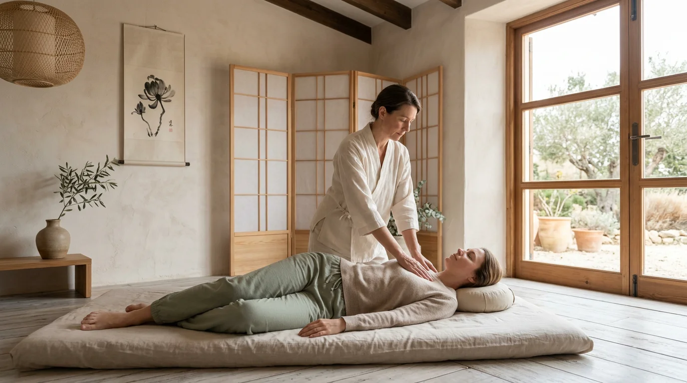 Praticien réalisant un soin shiatsu dans un institut de bien-être