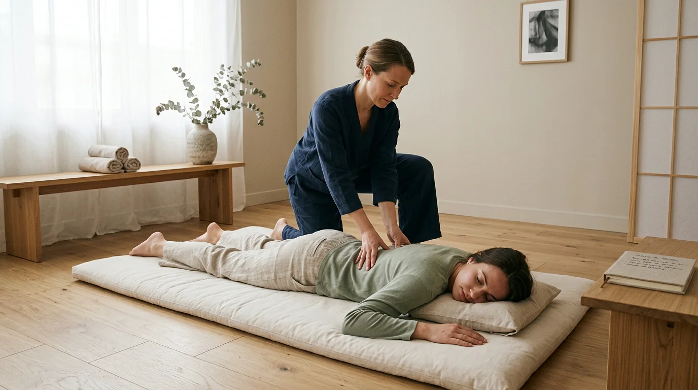 Séance de shiatsu par pressions le long du dos dans une cabine épurée