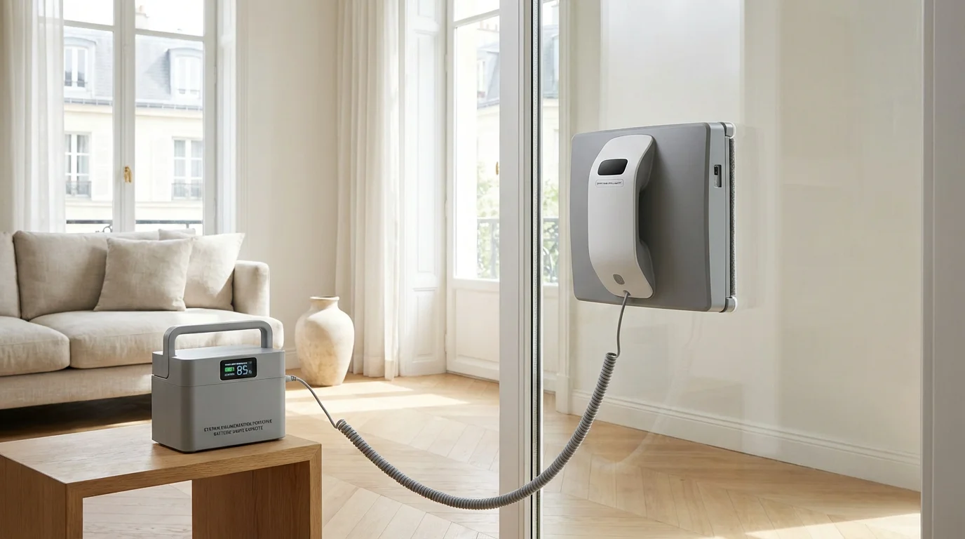 Robot lave vitre sans fil fixé sur une grande baie vitrée dans un salon lumineux