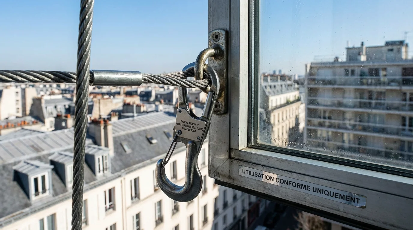 Corde de sécurité anti-chute d'un robot lave vitre fixée sur un cadre de fenêtre en hauteur