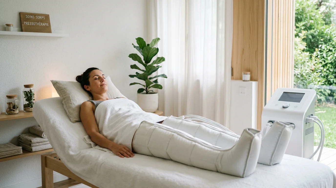 Séance de pressothérapie sur les jambes en institut de bien-être