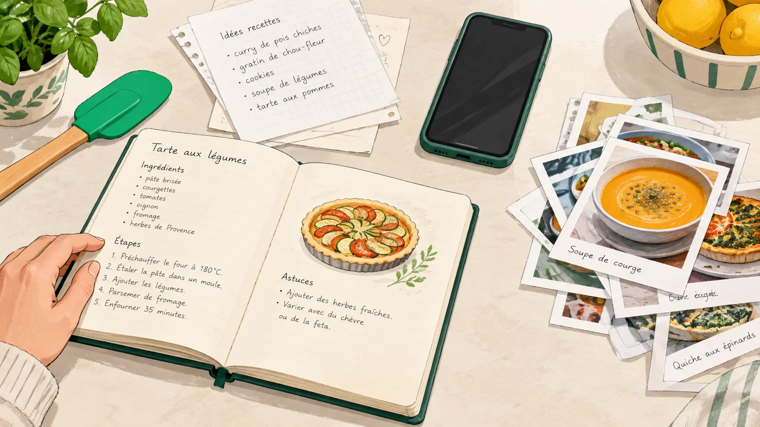 Recettes dispersées sur un plan de travail avant leur rangement