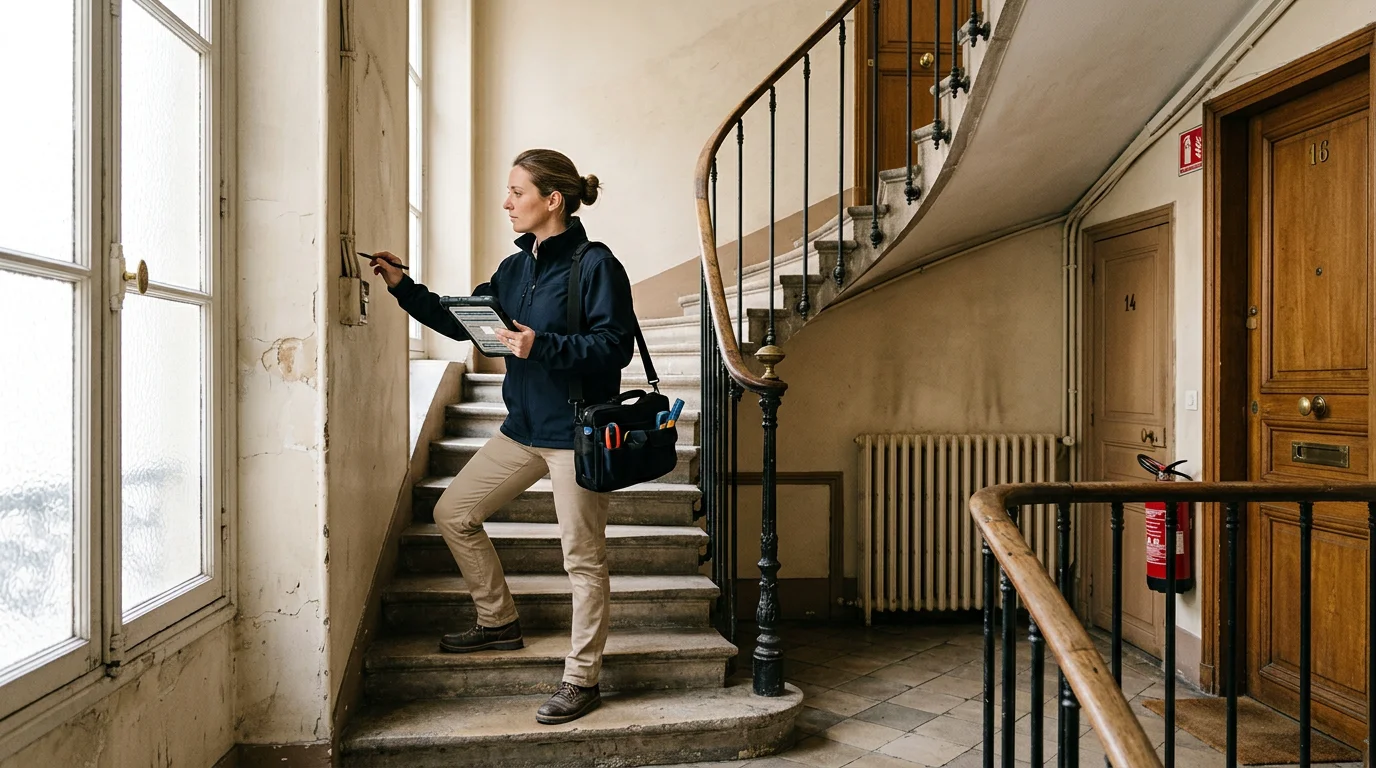 Diagnostiqueur inspectant les parties communes d'une copropriété