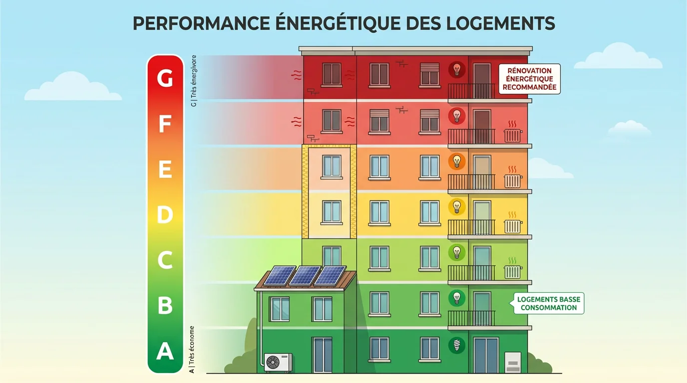 Illustration des classes énergétiques appliquées à un immeuble