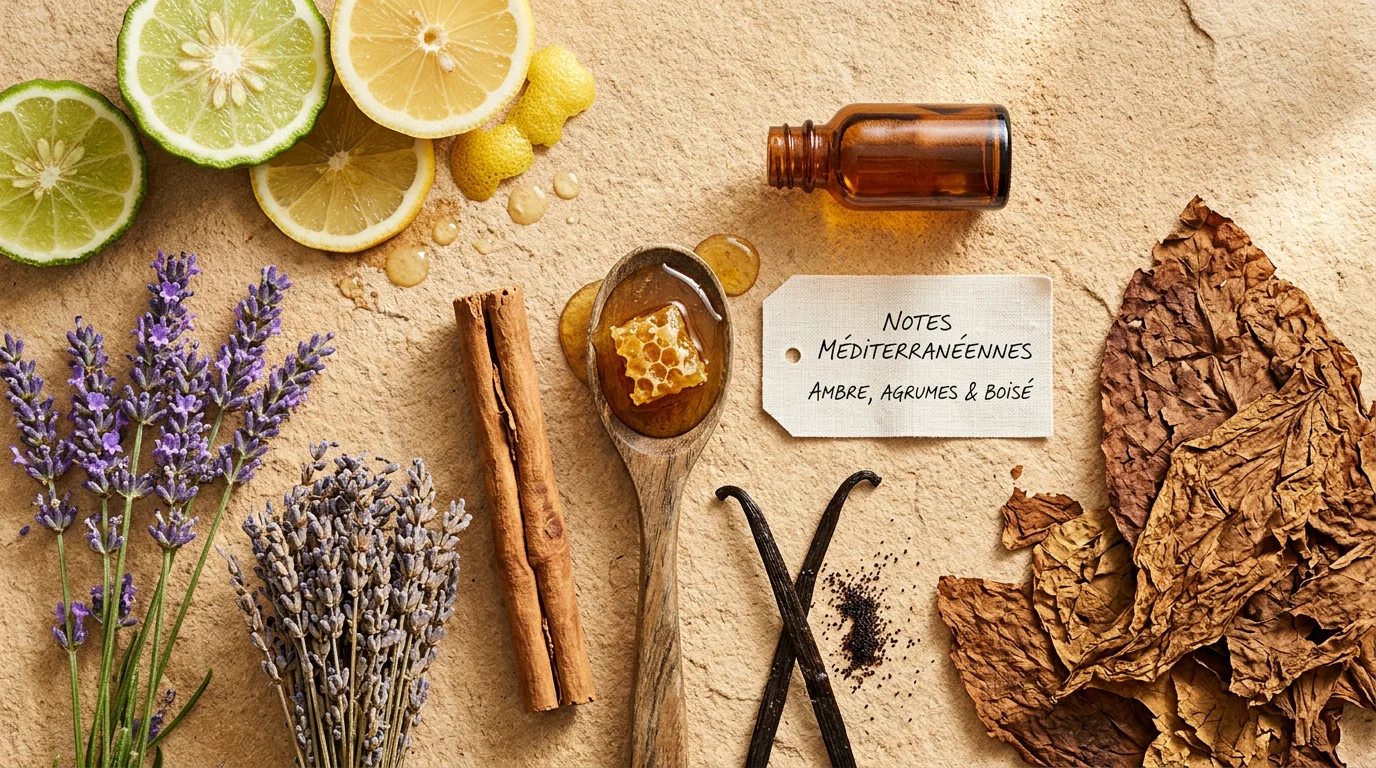 Ingrédients olfactifs du parfum Chogan n°137 disposés en flat lay