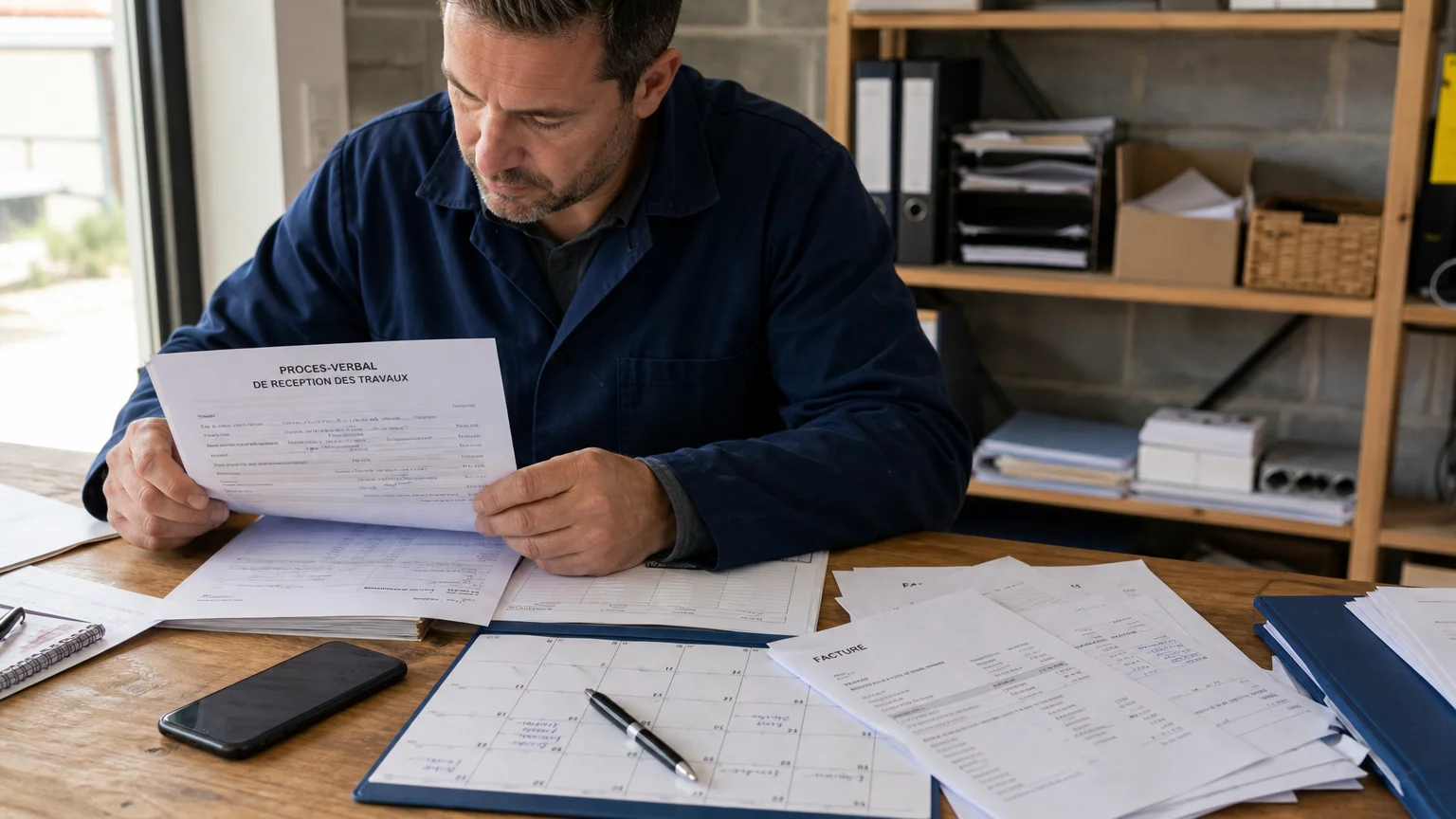 Artisan vérifiant la réception des travaux et la date de remboursement d’une retenue de garantie