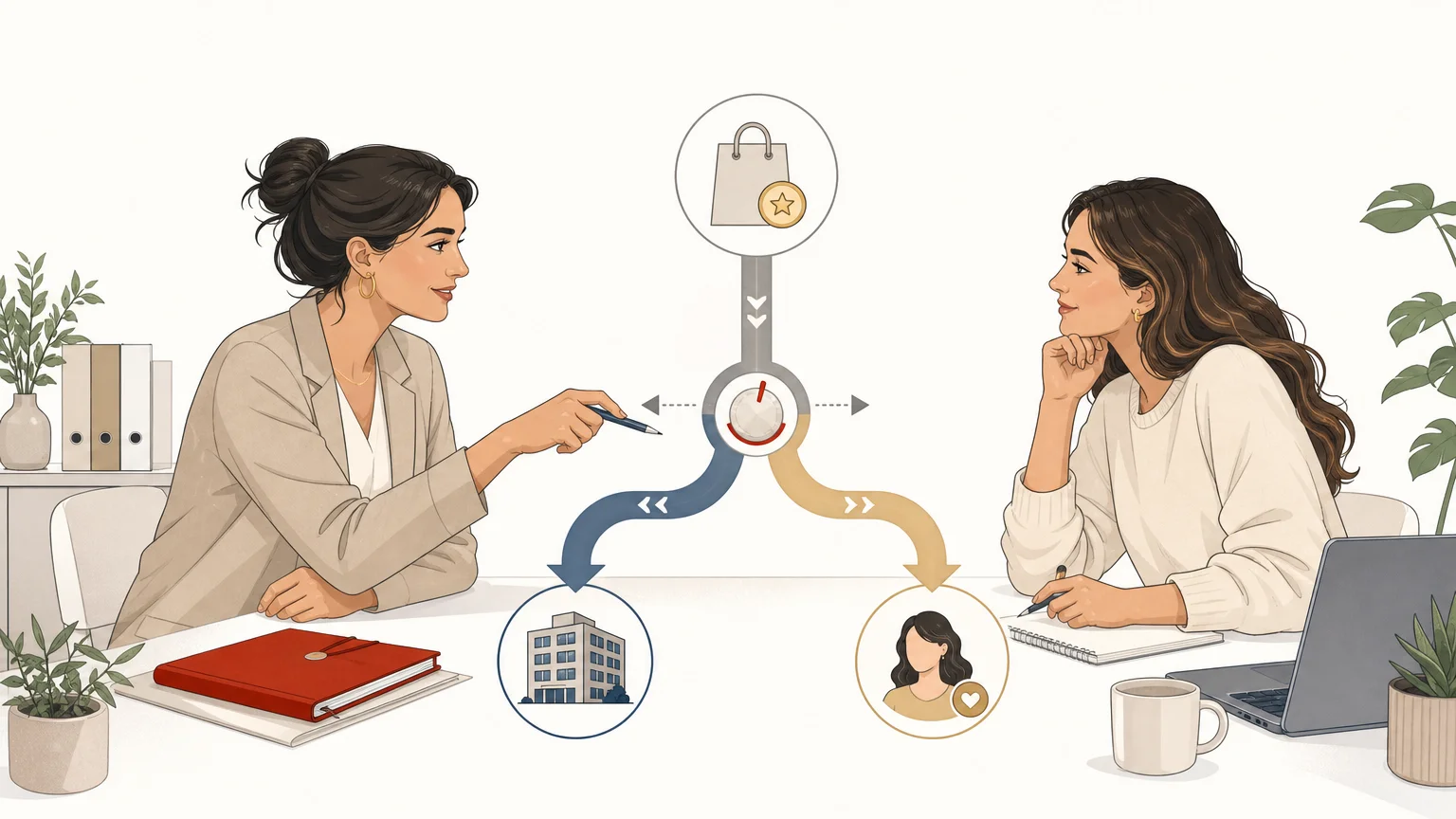 Illustration éditoriale du partage des revenus entre une agence et une créatrice