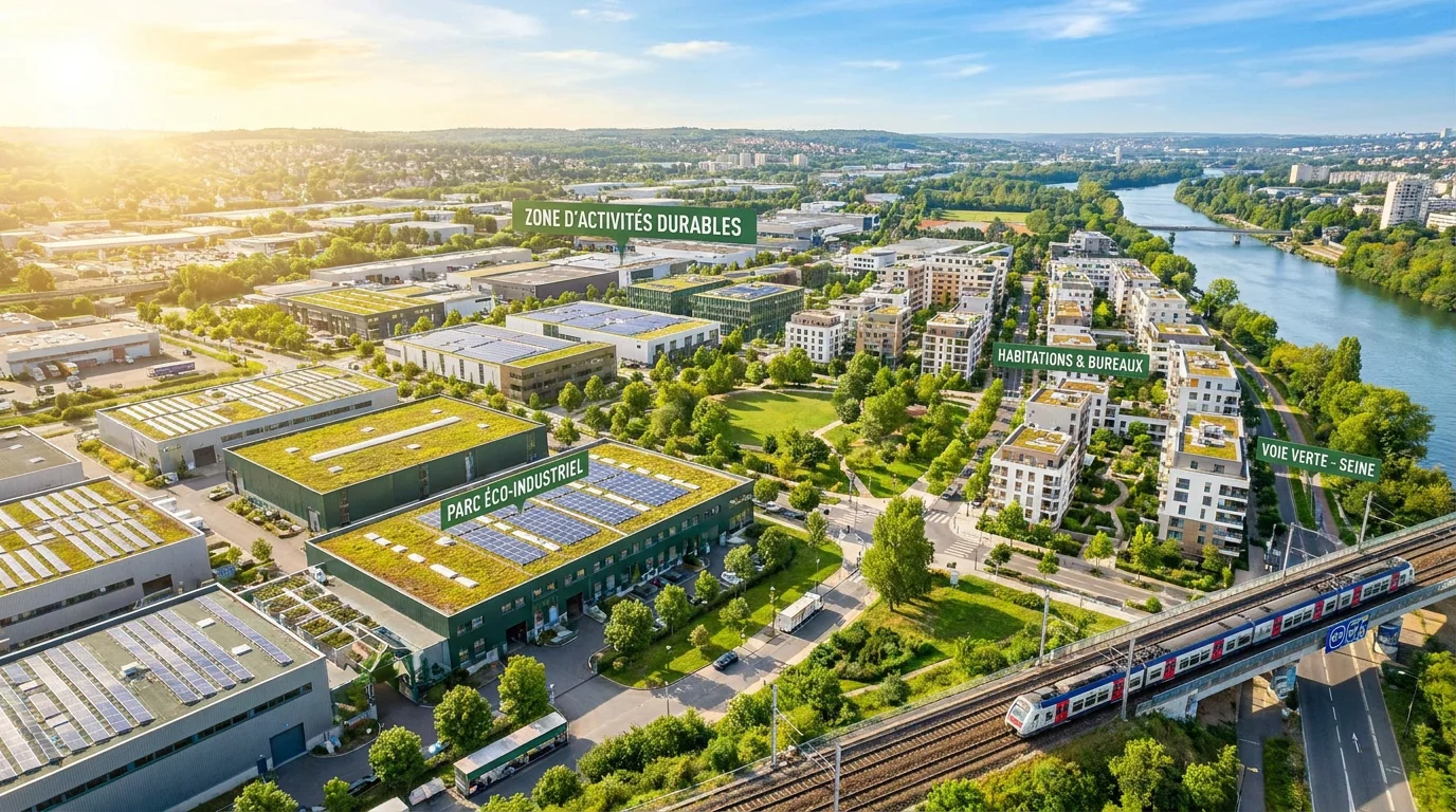 Vue d'un bassin industriel et tertiaire en Île-de-France, symbolisant l'emploi intérimaire à Poissy