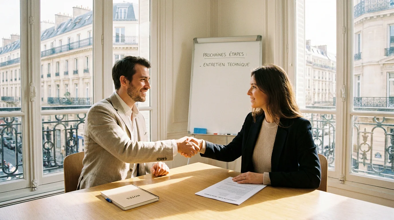 Candidat en entretien avec un recruteur pour une mission d'intérim dans un bureau professionnel