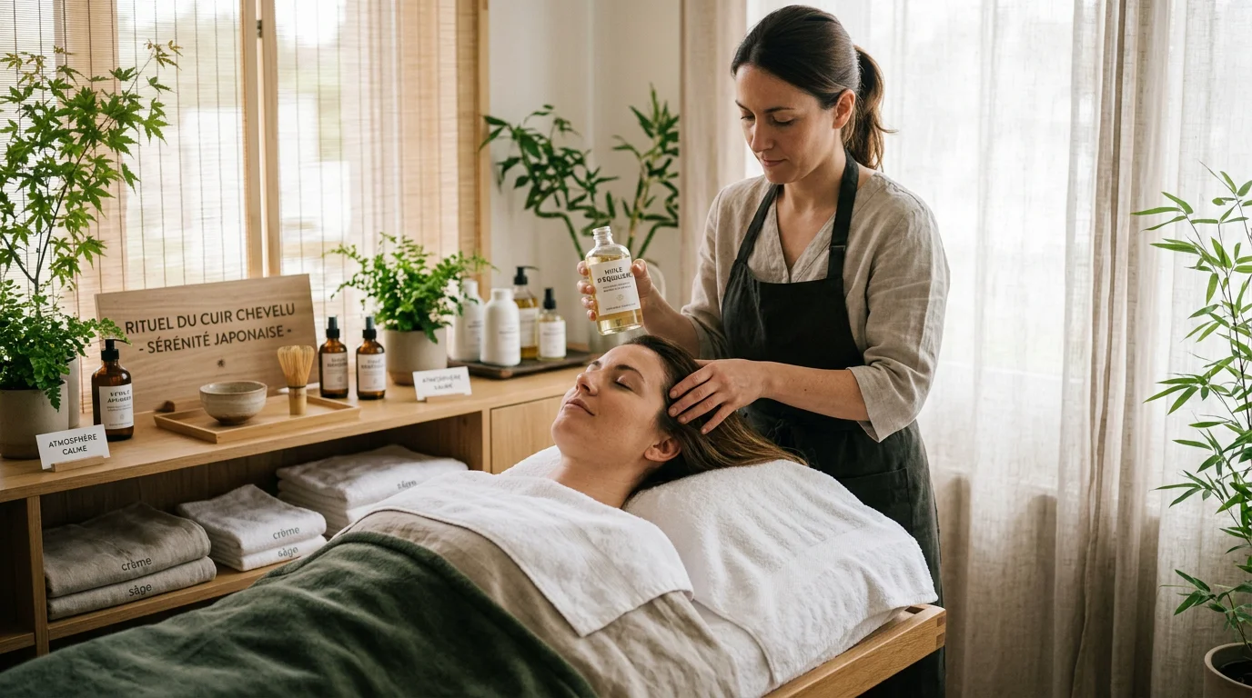 Cliente détendue durant un soin cheveux head spa en institut