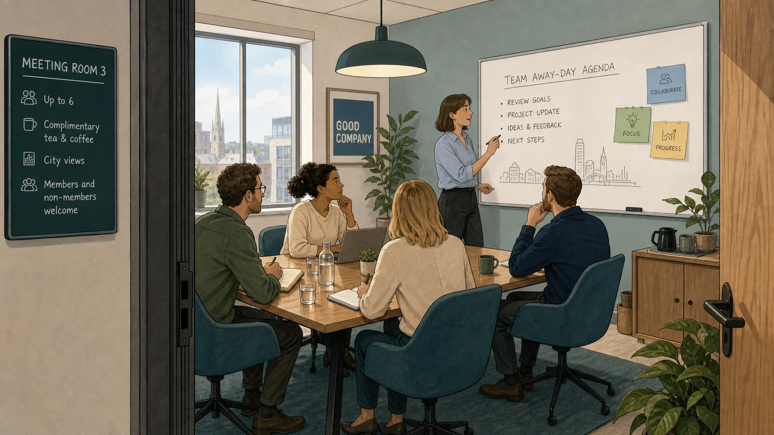 Small team collaborating in a meeting room sized for their session
