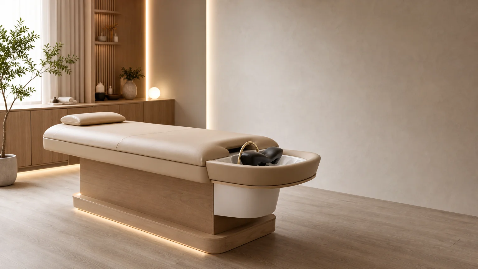Table de massage Head Spa professionnelle dans une cabine de soins élégante