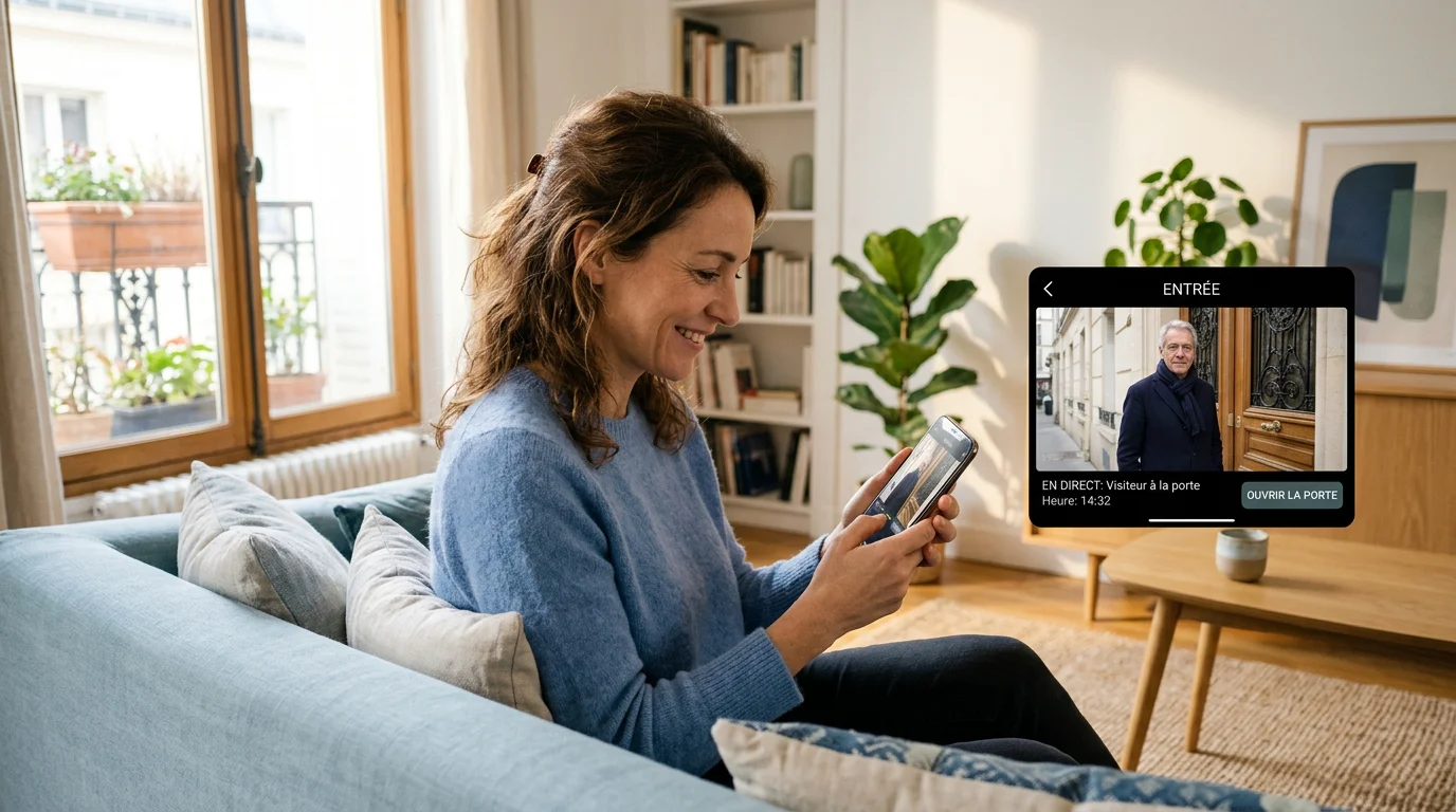 Femme consultant l'image d'un visiteur sur son smartphone via un interphone vidéo connecté