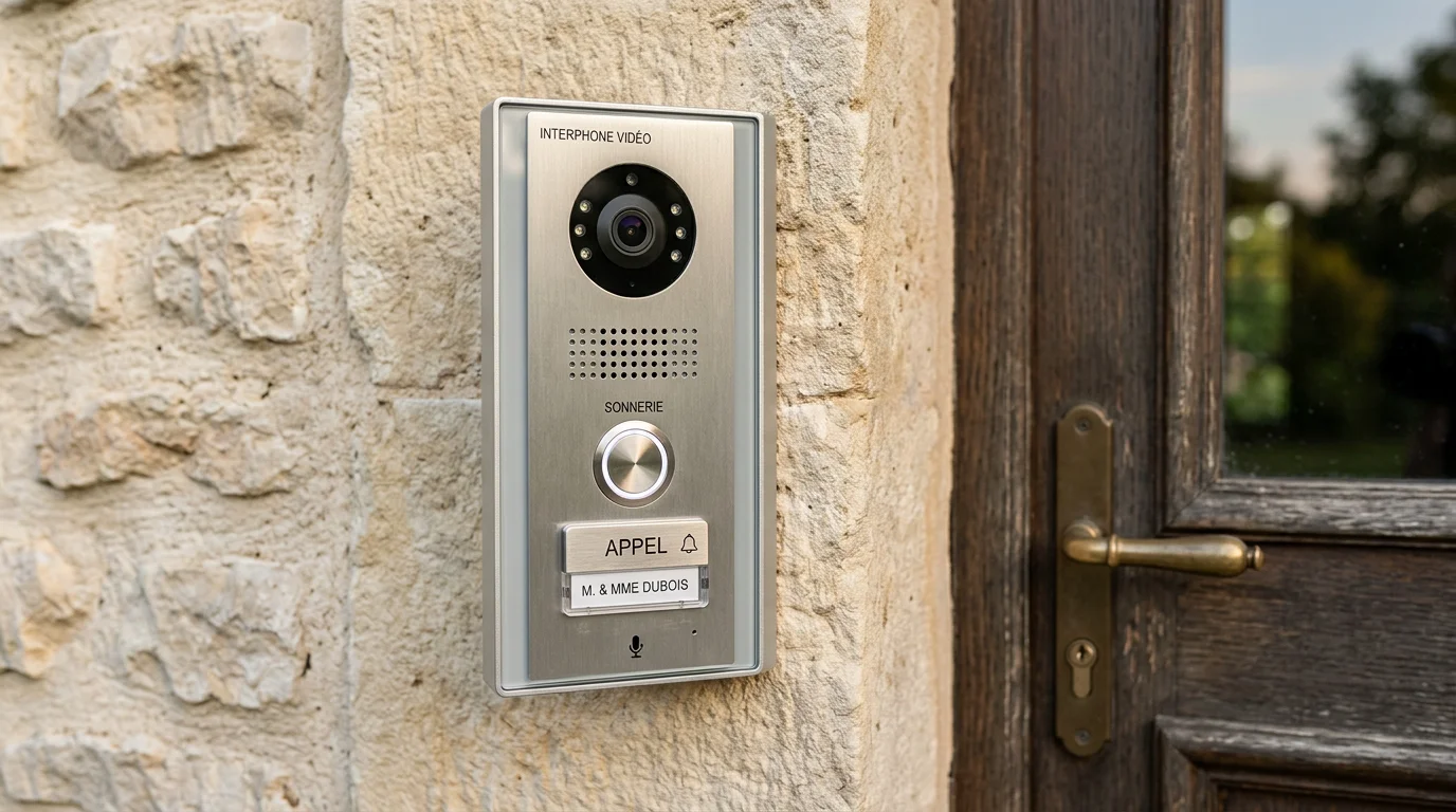 Platine de rue d'un interphone vidéo connecté installée près d'une porte d'entrée