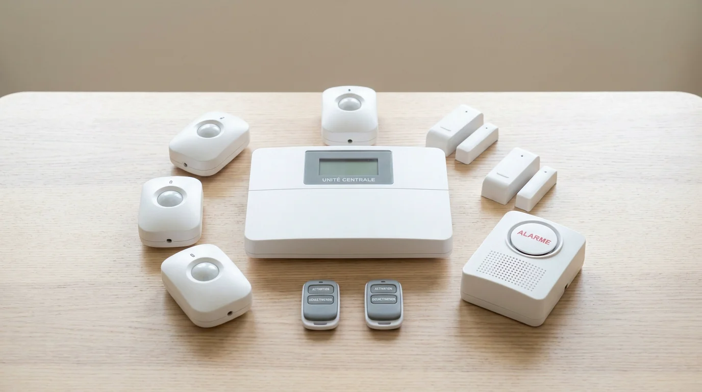 Composants d'un système d'alarme sans fil posés sur une table : centrale, détecteurs et télécommandes