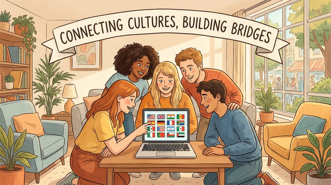 Group of friends excitedly playing a world flags quiz on a laptop