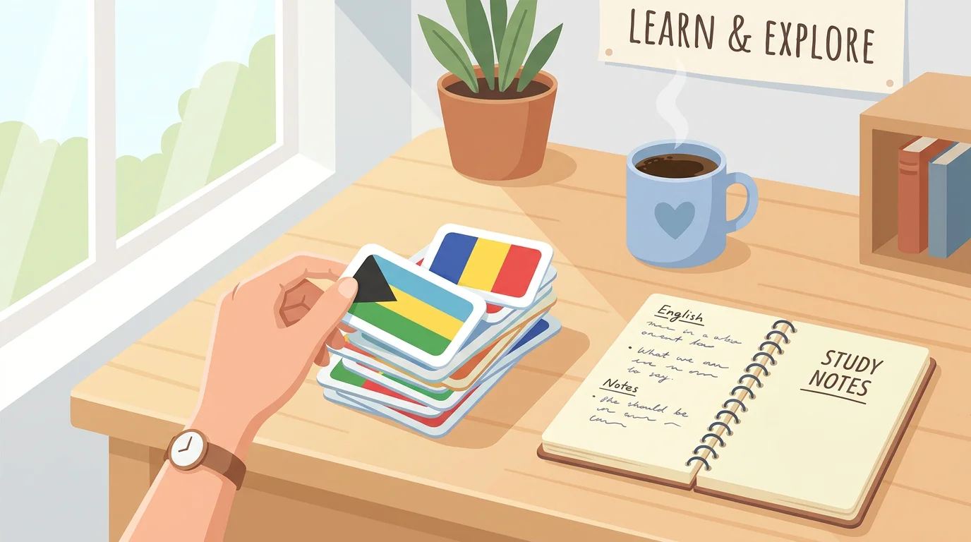 Study desk with world flag flashcards and notebook for quiz preparation