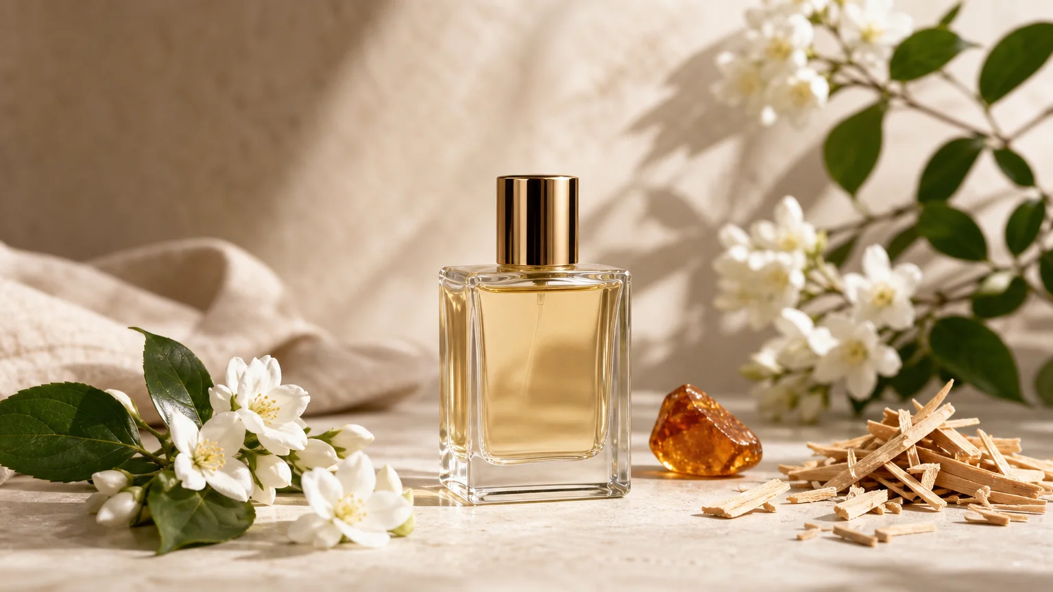 Flacon de parfum générique entouré de jasmin, de bois et d’ambre