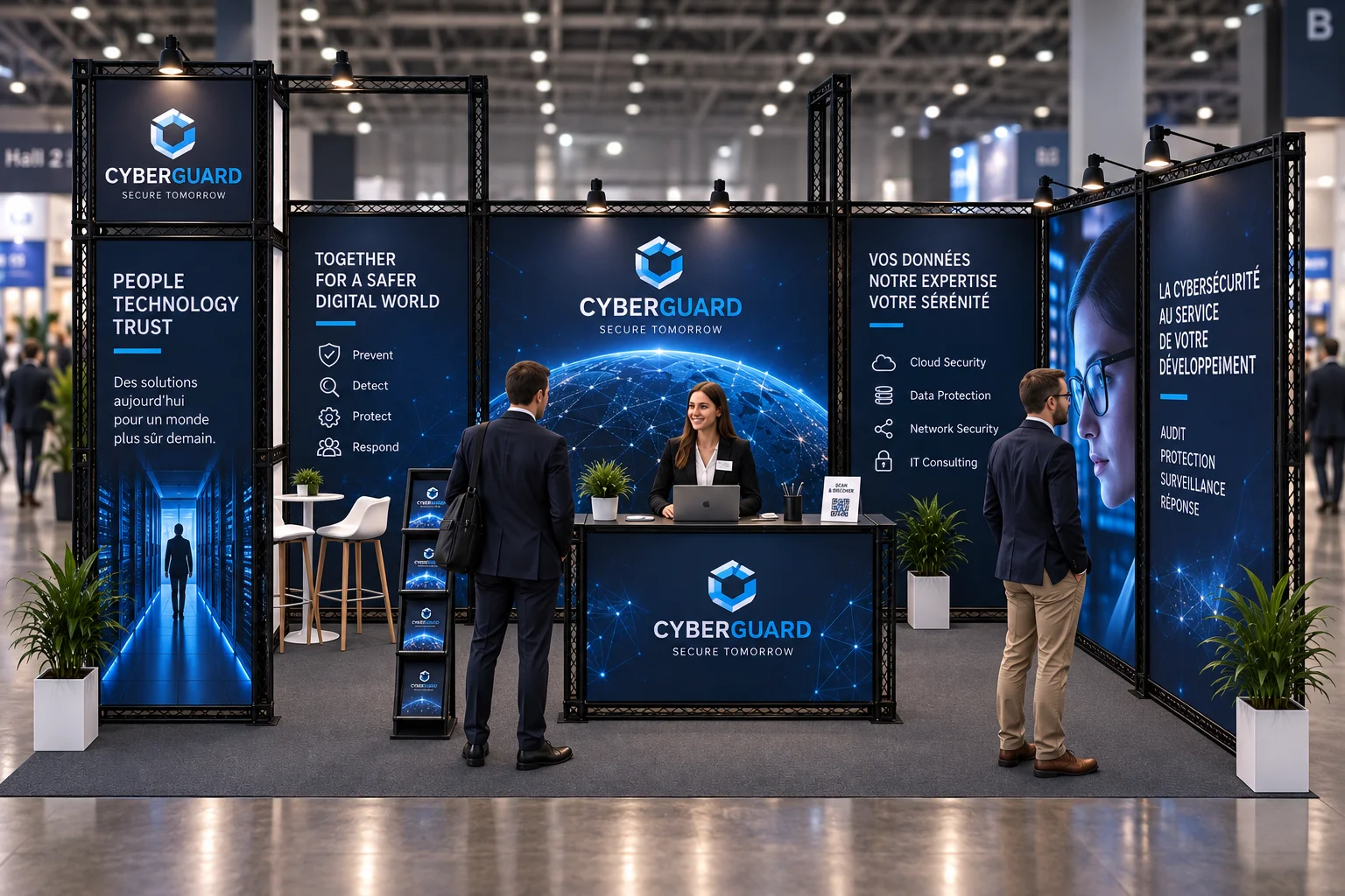 Stand modulaire Modul-X ouvert sur deux côtés avec comproir d'accueil, totem et réserve