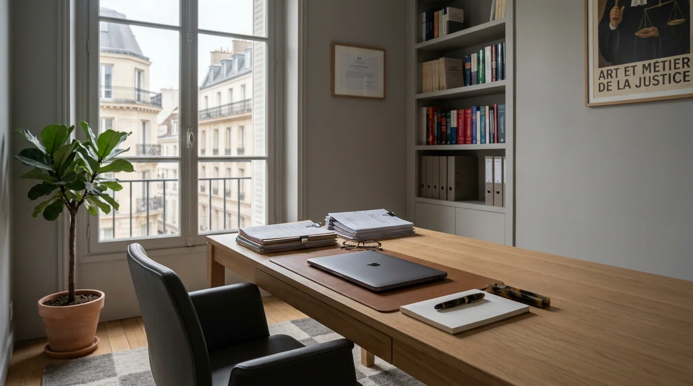 Bureau d'avocat sobre et professionnel à Paris avec documents juridiques