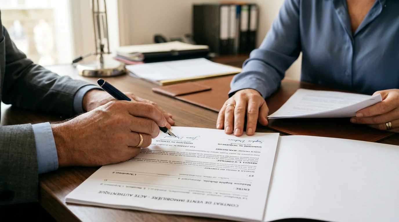 Mains signant un document juridique dans un cabinet d'avocat