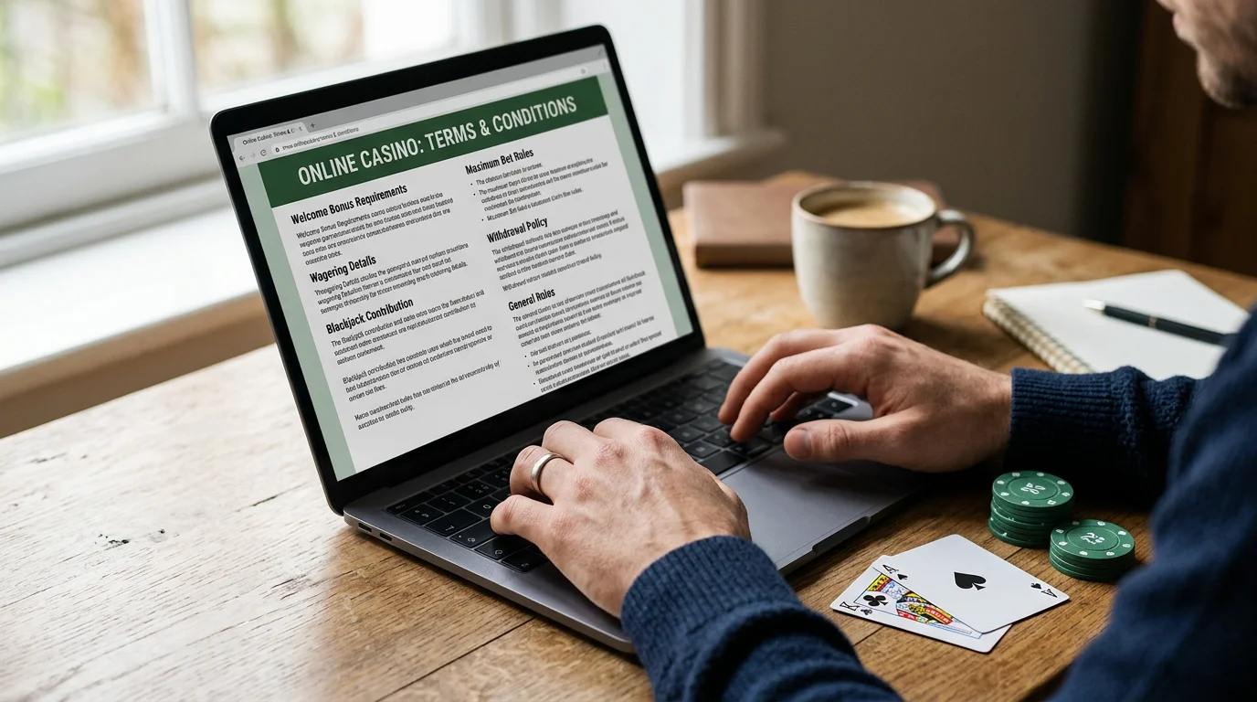Person reviewing online casino bonus terms next to blackjack cards and chips