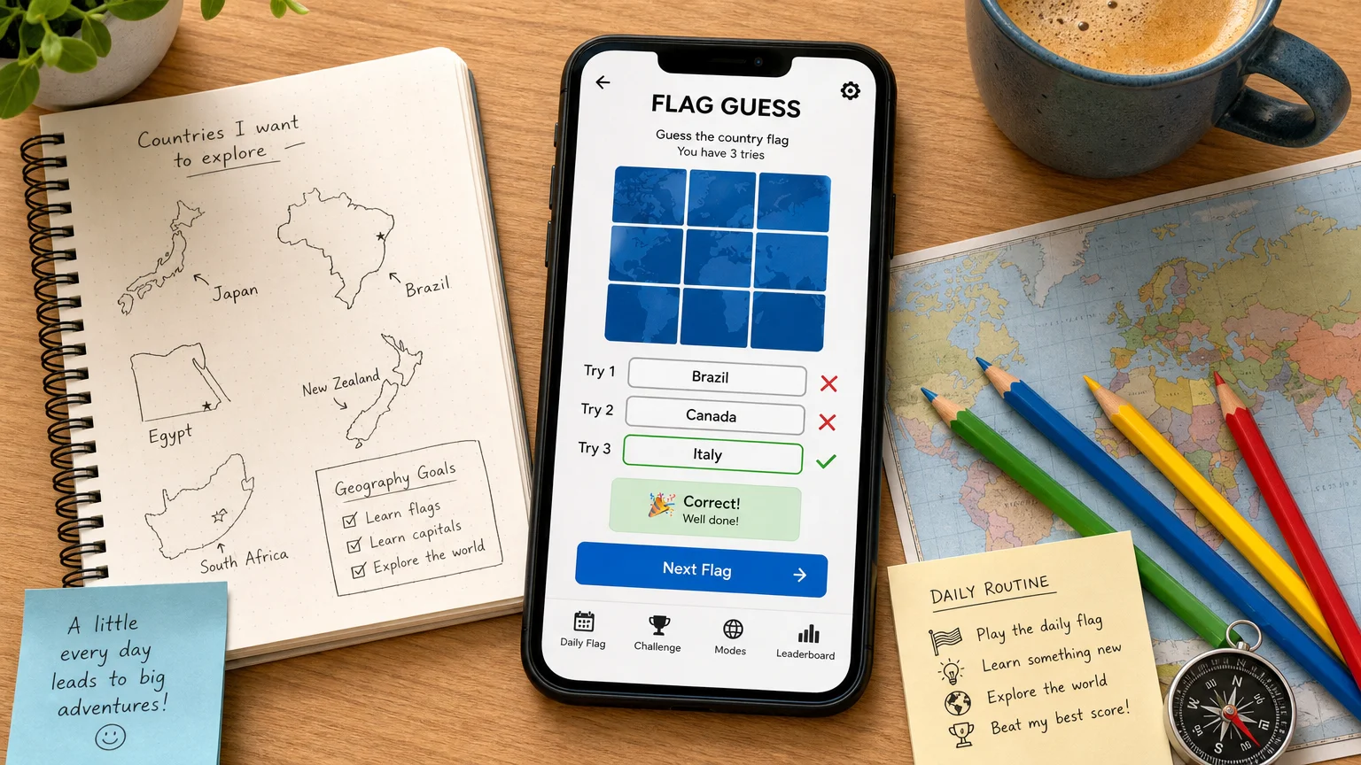 A desk setup for practicing daily geography puzzles