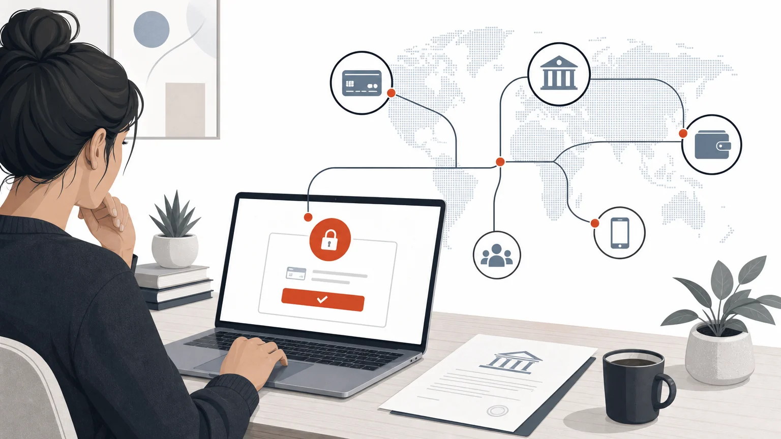 Editorial illustration of international digital payment infrastructure for creators