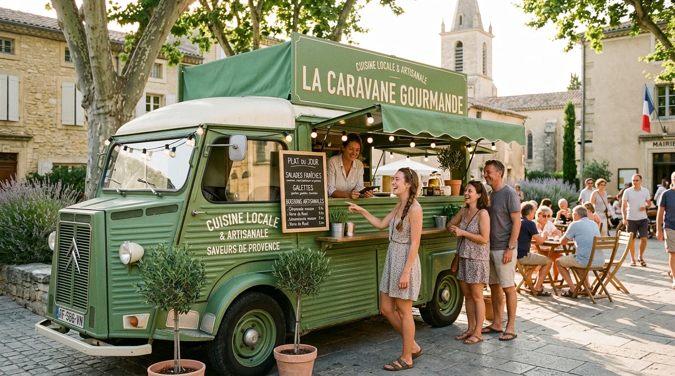 Food truck convivial installé sur une place ensoleillée en Provence
