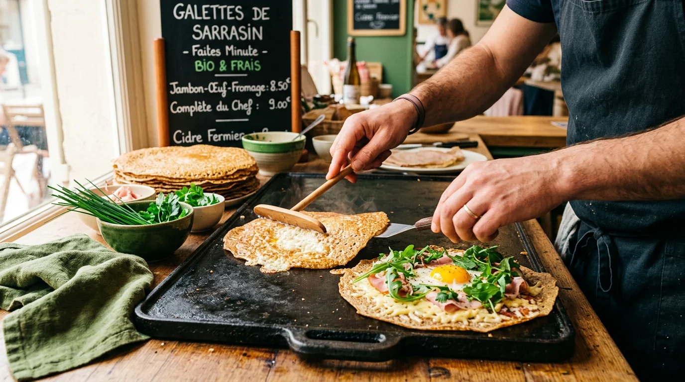 Galettes de sarrasin sans gluten préparées à la minute sur un food truck