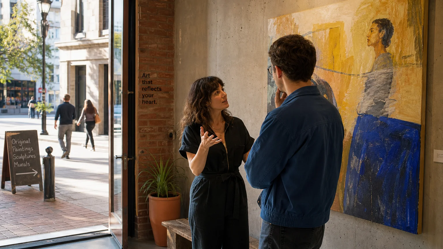 Visitor and curator discussing original art in an urban gallery
