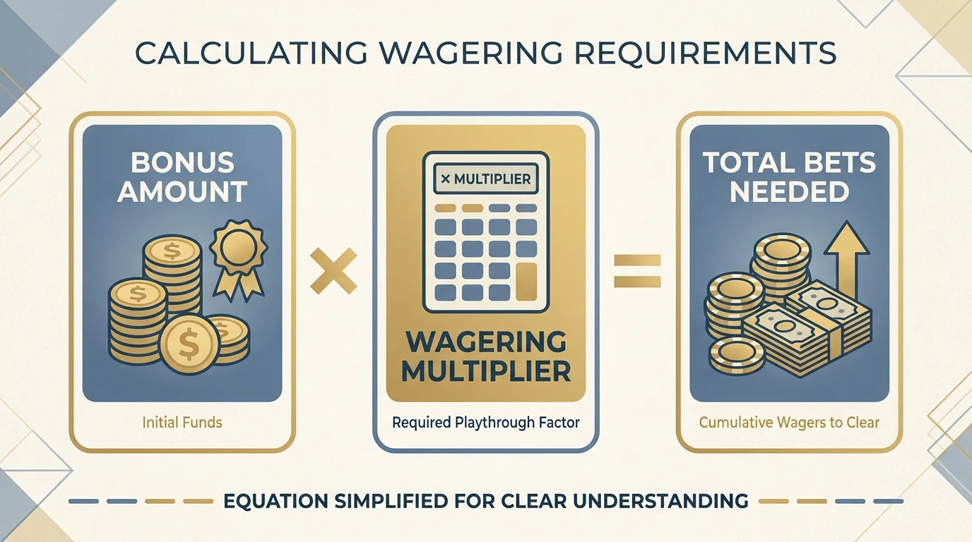 Infographic showing how wagering requirements are calculated for no deposit bonuses