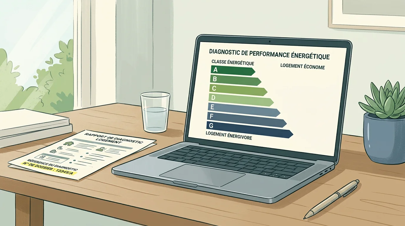 Écran affichant une étiquette énergétique DPE à côté d'un rapport de diagnostic