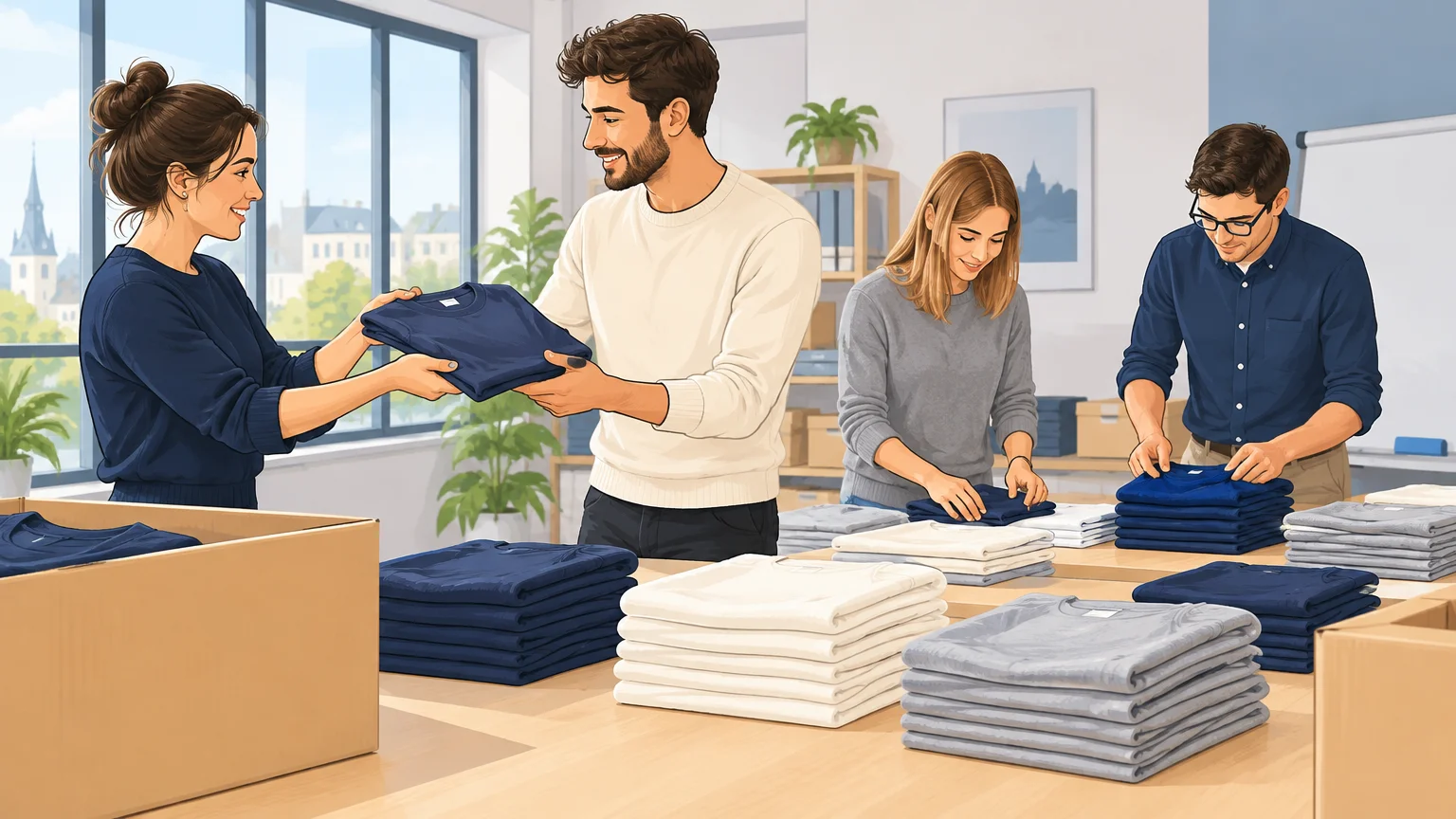 Équipe préparant des t-shirts unis pour un événement professionnel