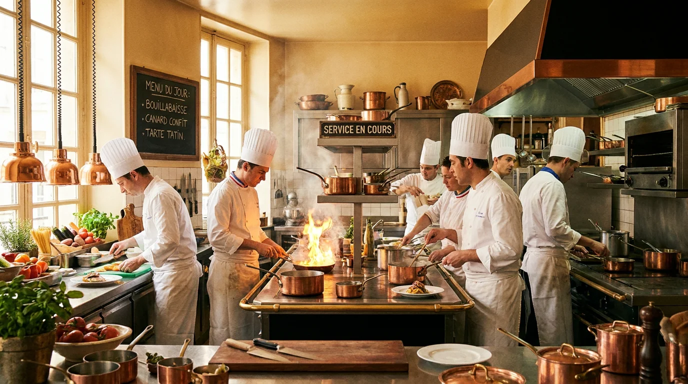Cuisiniers en activité dans une cuisine de restaurant en France, illustrant le besoin de main-d'œuvre en intérim