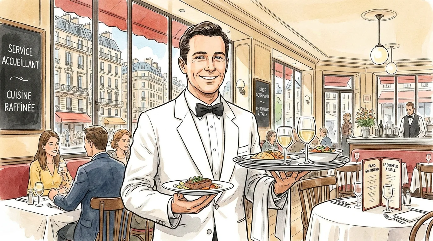Serveur en mission d'intérim dans un restaurant parisien, illustrant la flexibilité du travail temporaire