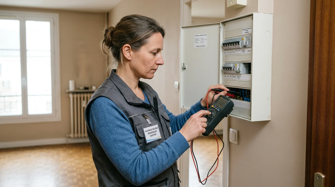 Diagnostiqueur immobilier inspectant un tableau électrique dans un logement